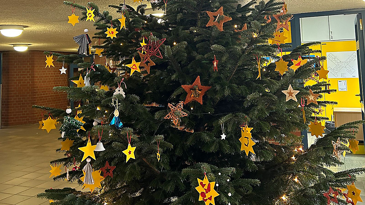 Weihnachtsbaum im Foyer der Schule